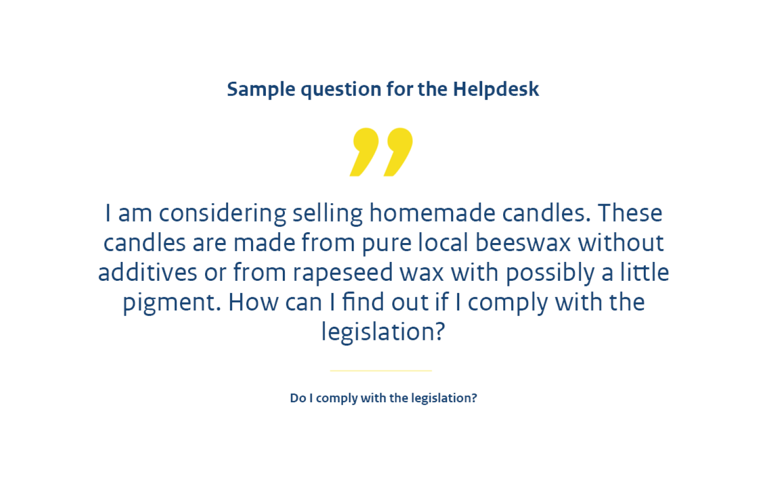 Sample question: I am considering selling homemade candles. These candles are made from pure local beeswax without additives or from rapeseed wax with possibly a little pigment. How can I find out if I comply with the legislation?